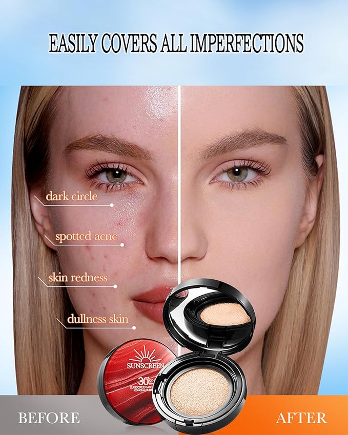 Sunscreen Cushion Foundation with SPF30, Full Coverage Face Cream Foundation Makeup for Mature Skin Moisturizing Breathable Concealer,Lightweight & Buildable BB Cream for All Skin Types, Ivory