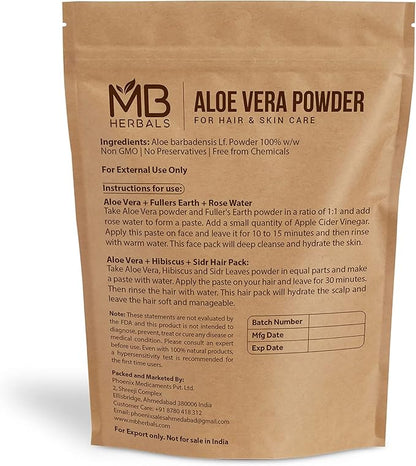 MB Herbals Aloe Vera Powder 3.5 oz / 100 Gram | Aloe barbadensis | for Face Packs and Hair Packs | External Use Only