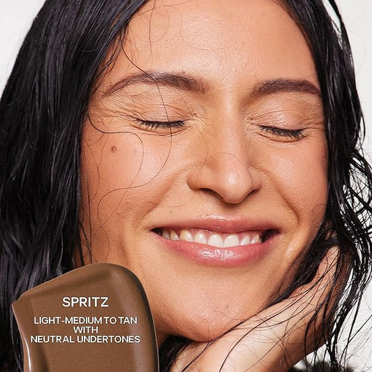 Saie Radiant Glow Duo - Dew Bronze Soft-Focus Liquid Bronzer in Spritz (0.4 oz) & Mini Glowy Super Gel Lightweight Illuminator in Sunglow (0.5 oz), Hydrating Makeup Essentials for a Sun-Kissed Glow