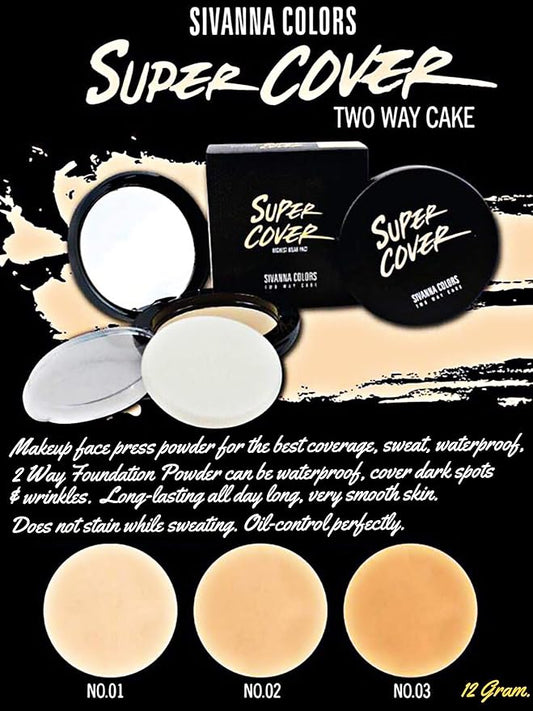 Sivanna Super Cover Two Way Compact Face Press Powder, Blurs Imperfections Soft Smooth Finish, Waterproof, Cover Dark Spots & Wrinkles, Oil-Control Perfectly, Long-lasting 0.42 oz, No.1 Natural White (NO.2 NATURAL WARM)