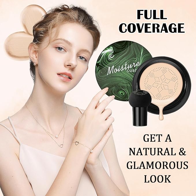 Mushroom Head Air Cushion CC Cream,Full Coverage Mushroom Head Liquid Foundation BB Cream Face Makeup,Oil Control Long Lasting Moisturizing Matte Concealer,Even Skin Tone（Ivory）