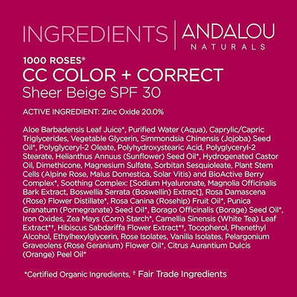 Andalou Naturals 1000 Roses CC Color + Correct with SPF 30, Sheer Beige, 2-in-1 Face Sunscreen + CC Cream for Sensitive Skin, Helps Correct Uneven Skin Tone, Reef Safe Sunscreen, 2 Fl Oz