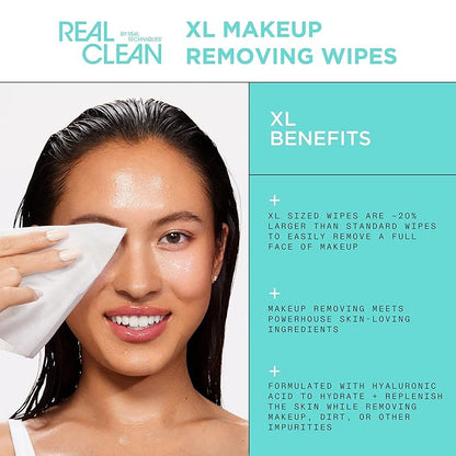 Real Techniques Real Clean Collection Bundle, XL Makeup Removing Wipes, Face Erase Makeup Removing Balm, In-The-Clear Eye Makeup Remover, Reusable Makeup-Removing Pads, Gently Removes Makeup, 4 Items