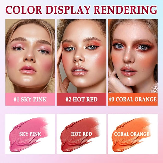 3 Colors Blush Stick with Makeup Sponges,Matte Solid Cream Blush,Multi-Use Blush Stick for Cheeks,Lips and Eye,High Pigmented Blush Makeup Stick Set