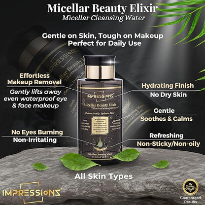 ImpressionZ Premium 300ml Micellar Water Makeup Remover | Gentle, Non-Sticky & Hypoallergenic Make Up Remover Liquid for All Skin Types | Fragrance-Free Micellar Cleansing Water | Hydrates & Soothes