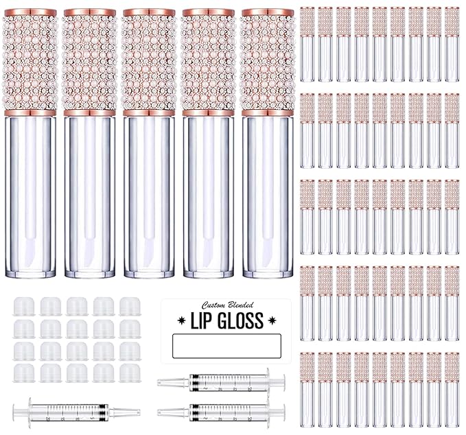 AMORIX 50PCS Lip Gloss Tubes with Wand 5ml Empty Lip Gloss Containers Lip Gloss Supplies Kit + 3pcs Syringes for DIY Lip Gloss Base, Full Pearl Diamond