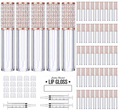 AMORIX 50PCS Lip Gloss Tubes with Wand 5ml Empty Lip Gloss Containers Lip Gloss Supplies Kit + 3pcs Syringes for DIY Lip Gloss Base, Full Pearl Diamond