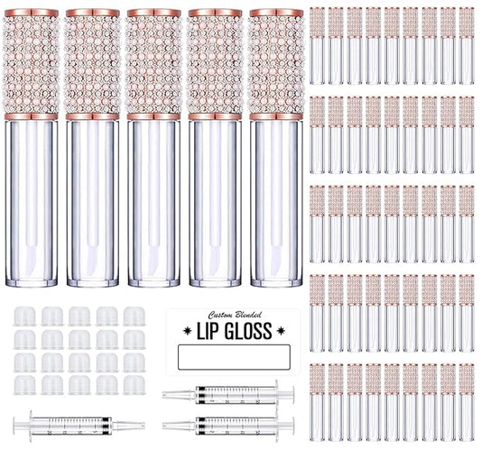 AMORIX 50PCS Lip Gloss Tubes with Wand 5ml Empty Lip Gloss Containers Lip Gloss Supplies Kit + 3pcs Syringes for DIY Lip Gloss Base, Full Pearl Diamond