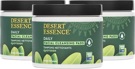 Desert Essence Natural Tea Tree Oil Facial Cleansing Pads - 50 Count - Pack of 3 - Face Cleanser - Soothes & Calms Skin - Makeup Remover Pads - Removes Oil & Dirt - Great for Travel - Essential Oils