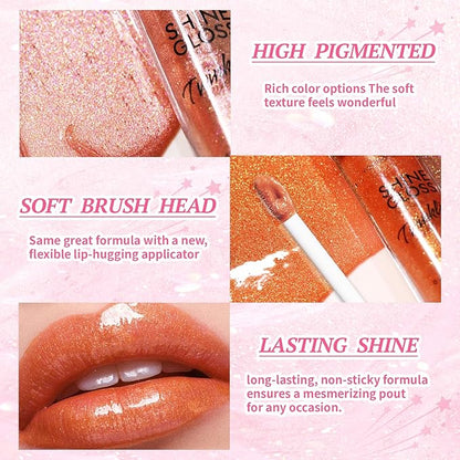 2 Colors Glitter Lip Gloss with Brown Lip Liner Combo for Women, Hydration Plumping Shimmer Natural Nude Tinted Lip Glow Oil Moisturizing Long Lasting High Shine Mini Liquid Lipstick