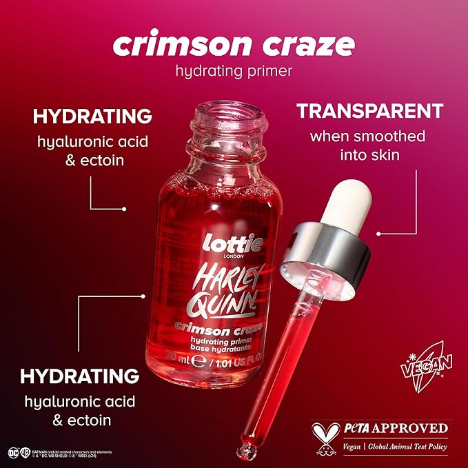 x Harley Quinn Crimson Craze Primer, Hydrating crimson serum-primer that grips makeup for long-wear for a dewy glow finish