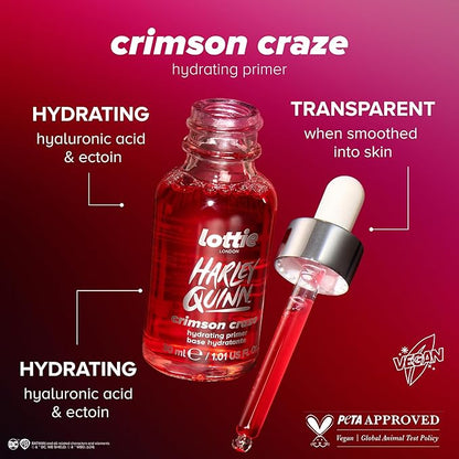x Harley Quinn Crimson Craze Primer, Hydrating crimson serum-primer that grips makeup for long-wear for a dewy glow finish