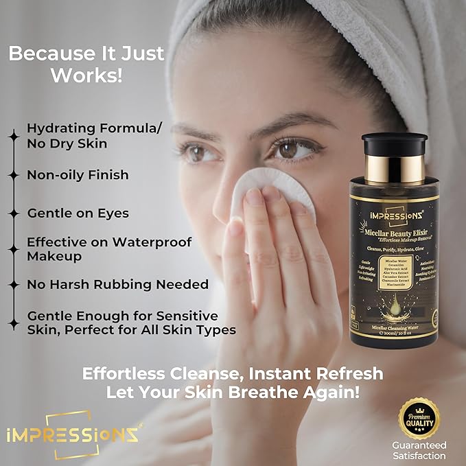 ImpressionZ Premium 300ml Micellar Water Makeup Remover | Gentle, Non-Sticky & Hypoallergenic Make Up Remover Liquid for All Skin Types | Fragrance-Free Micellar Cleansing Water | Hydrates & Soothes