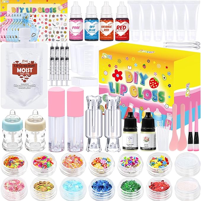 Jcoos Lip Gloss Making Kit, 73PCS Fun Make Your Own Lip Gloss Kit Kids, Beginner, Lipgloss Sets for Girls, DIY Lipstick Set, Moisturizing Lip Oil Base, Gifts for Tween Girls, Teens, Daughters, Women