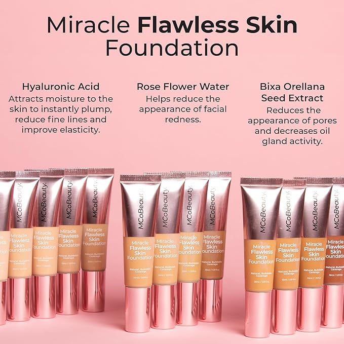 MCoBeauty Miracle Flawless Skin Foundation, 1 Pure Ivory, Natural, Buildable Coverage for All-Day Wear, Vegan, Cruelty Free Cosmetics