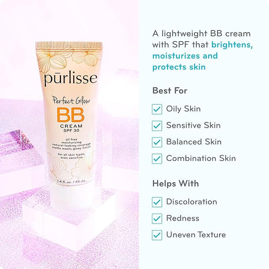 pūrlisse Perfect Glow BB Cream with SPF 30 - Matte Meets Dewy Finish - Enriched with Goji & Hawthorn Berry to Help Improve Skin Texture & Radiance - Deep (1.4 oz)
