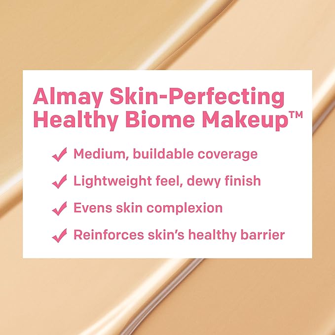 Almay Skin Perfecting Healthy Biome Foundation Makeup with Prebiotic Complex SPF 25, Hypoallergenic, -Fragrance Free, 120 Beige, 1 fl. oz.