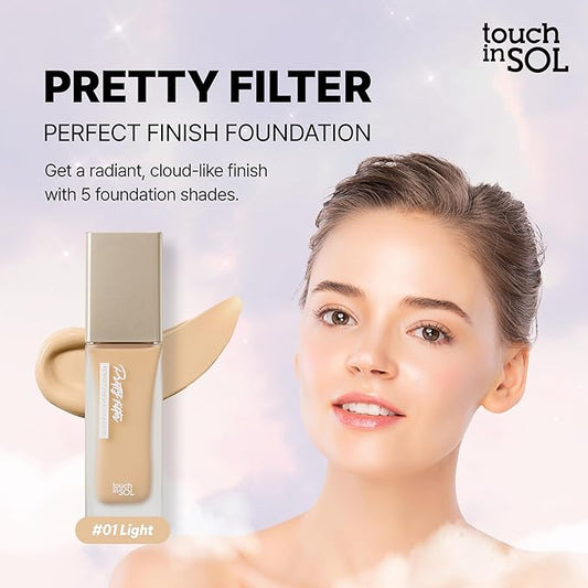 TOUCH IN SOL Pretty Filter Perfect Finish Foundation for Flawless, Natural Look - Lightweight and Full-Coverage Matte Base for All Skin Types, 1.18 fl.oz. (#1 Light)