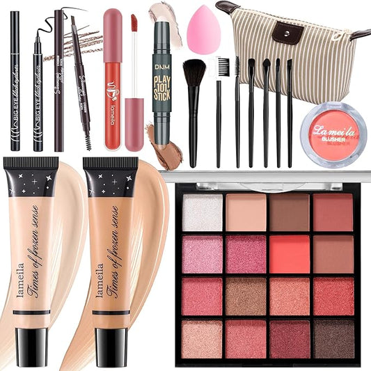 Makeup Set for Girls Teens Women, Full Face Makeup Kit, Travel Makeup Kit, Makeup Present Set, Eyeshadow Foundation, Blusher Counter Stick, Pencil Eyeliner Lip Gloss, Makeup Brushes Sponge Bag