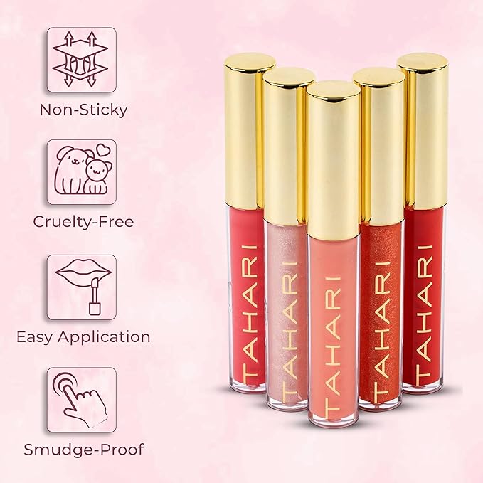 VOTUM Tahari 5pc Lip Gloss Set – Shimmery Lip Glosses for Women and Girls, Non-Sticky, High Shine with Pink & Red Finishes