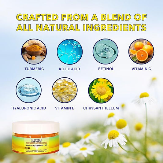 Turmeric Kojic Acid Cleansing Pads | Vitamin C & E, Retinol, Hyaluronic Acid and Turmeric Face Scrub | 60 Kojic Acid and Turmeric Cleansing Pads