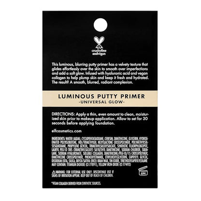 e.l.f. Luminous Putty Primer, Skin Perfecting, Lightweight, Silky, Long Lasting, Hydrates, Creates a Smooth Base, Illuminates, Plumps, Infused with hyaluronic acid and vegan collagen, 0.74 Oz