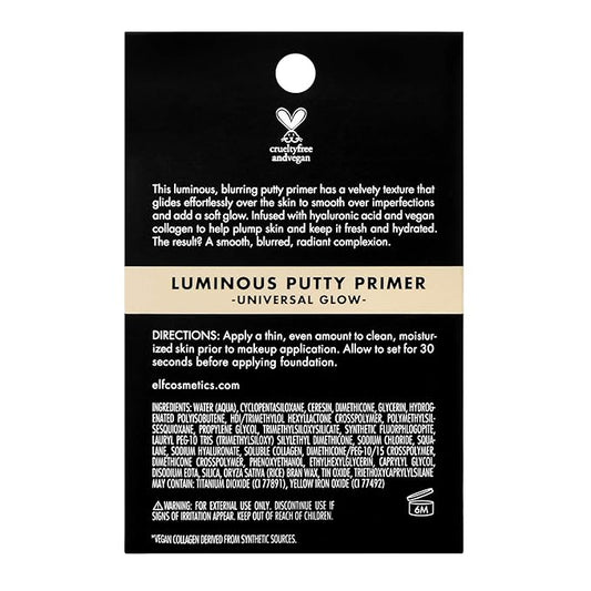 e.l.f. Luminous Putty Primer, Skin Perfecting, Lightweight, Silky, Long Lasting, Hydrates, Creates a Smooth Base, Illuminates, Plumps, Infused with hyaluronic acid and vegan collagen, 0.74 Oz