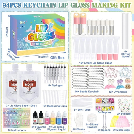 Make Your Own Lip Gloss Kit, JCOOS Lip Gloss Making Kit, 94PCS Fun Keychain DIY Lipgloss Sets for Girls, Flavored Moisturizing Glitter Lip Kit, Kids Lip Gloss, Tween Girls Trendy Stuff Christmas Gifts