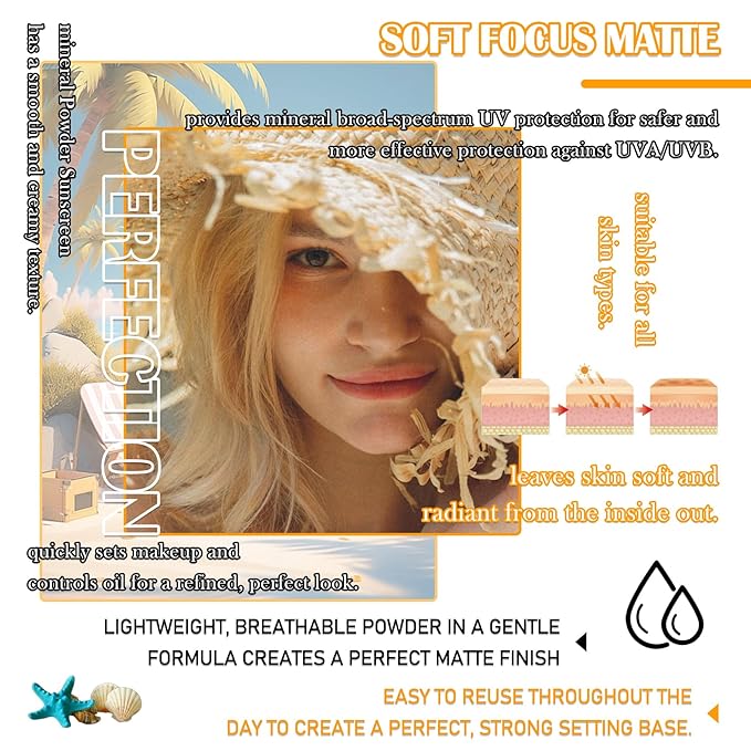 Mineral Sunscreen Setting Powder SPF 50+ PA++++,Translucent Powder Sunscreen for Face,Lasting Matte Oil Control Brush Face Powder,Lightweight & Water Resistant Makeup Setting Powder