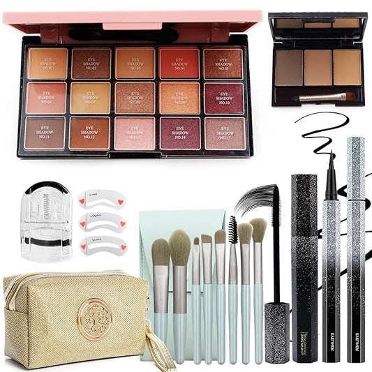 All in One Makeup Kit for Women,15 Color Eye Shadow Makeup Plattete,Waterproof Eyeliner Mascara,3 Color Eyebrow Powder,Eyebrow Stencils,Eyelash Curler,8 Makeup Brushes,Gold/Black Sequin Cosmetic Bag