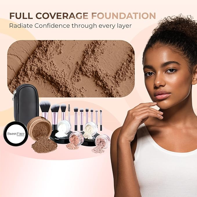 16pc STARTER KIT with 10 BRUSHES SET (COCOA) Mineral Makeup Bare Face Loose Powder Includes Matte Foundation, Veil Primer, Blush, Bronzer, Translucent Finishing Setting Powder SPF 30 Travel Size