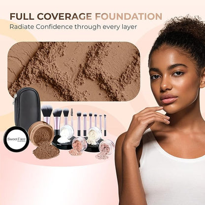 16pc STARTER KIT with 10 BRUSHES SET (COCOA) Mineral Makeup Bare Face Loose Powder Includes Matte Foundation, Veil Primer, Blush, Bronzer, Translucent Finishing Setting Powder SPF 30 Travel Size