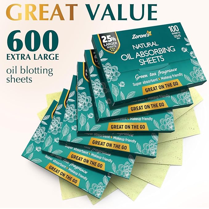 Natural Green Tea Oil Blotting Sheets - 25% Larger (4.7x3") - 600 Makeup Friendly Papers for Face - Easy Dispensing Oil Absorbing Sheets