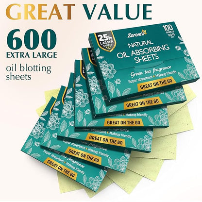 Natural Green Tea Oil Blotting Sheets - 25% Larger (4.7x3") - 600 Makeup Friendly Papers for Face - Easy Dispensing Oil Absorbing Sheets
