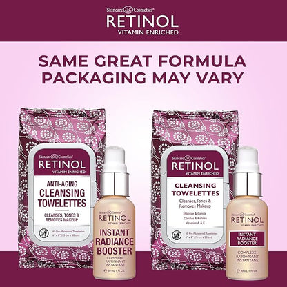 Retinol Instant Radiance Booster - Provides A Burst of Anti-Aging Hydration and Radiance + Retinol All in One Anti-Aging Cleansing Towelettes
