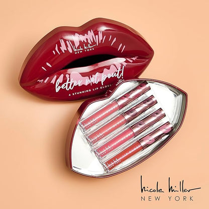 Nicole Miller Lip Gloss Collection Shimmery Glosses for Women and Girls Long Lasting Color Set with Rich Varied Colors, Better Not Pout Red, 4 Count (Pack of 1)