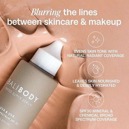 Bali Body Tinted Super Serum SPF30 | Tan Shade Daily Skincare for All Skin Types | Hyaluronic Acid Infused Skin Perfector for Glowing Skin | Vegan, Cruelty Free, Australian Made (30ml/1.01fl oz)