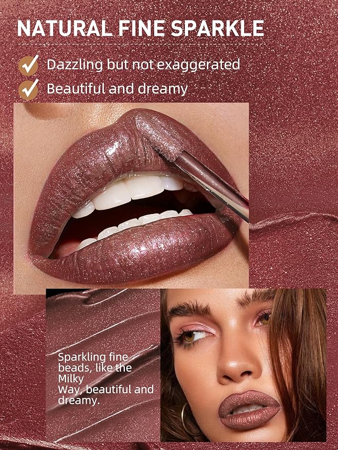 Diamond Matte Nude Lip Gloss, Glitter Metallic Liquid Lipstick Glitter Shimmer Lip Glaze, Shimmery Finish, High Pigment Long Lasting Lip Gloss Tint Christmas Party Makeup (#02)