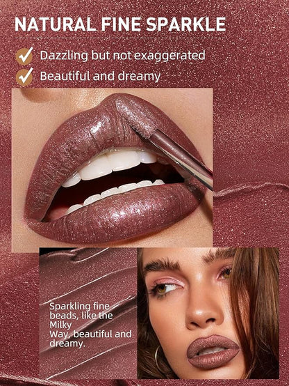 Diamond Matte Nude Lip Gloss, Glitter Metallic Liquid Lipstick Glitter Shimmer Lip Glaze, Shimmery Finish, High Pigment Long Lasting Lip Gloss Tint Christmas Party Makeup (#02)