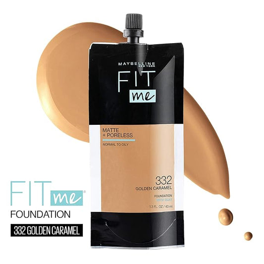 Maybelline New York Fit Me Matte + Poreless Liquid Foundation, Pouch Format, 332 Golden Caramel, 1.3 Ounce