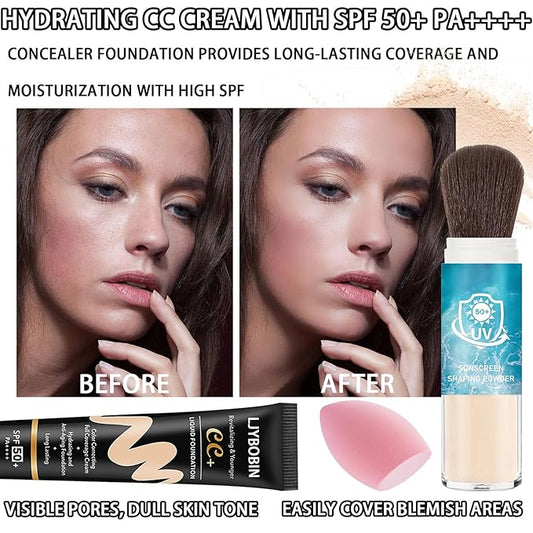Hydrating CC Cream with Makeup Sponge,Waterproof Flawless Concealer Full Coverage BB Cream and Loose Setting Powder,Long Lasting Full Coverage Liquid Foundation for Men & Women（2 Pcs）