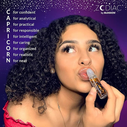 Blossom Lip Gloss Zodiac Sign Vanilla Scented Roll-On Lip Gloss, Moisturizing + Hydrating with Zodiac Crystals, Made in USA, 0.20oz, Capricorn