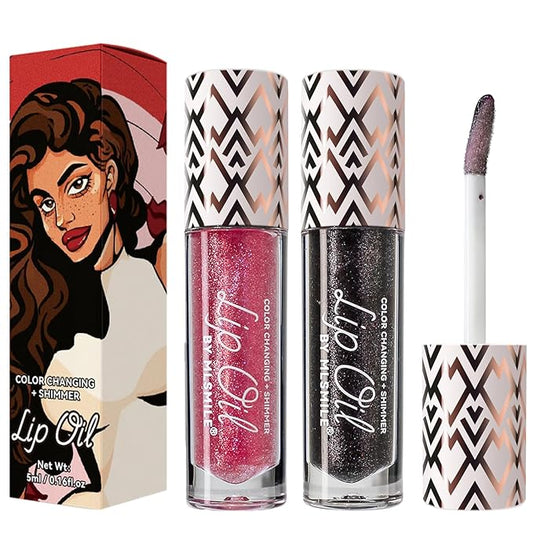 2 Colors Boss Up Color Changing Lip Oil, Shimmering Temperature Color Changing Lip Gloss Tinted Lip Stain, Long Lasting Nourishing Moisturizing Lip Glow Oil for Lip Care and Dry Lips (02#&06#)