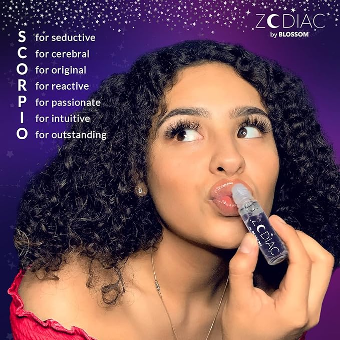 Blossom Lip Gloss Zodiac Sign Vanilla Scented Roll-On Lip Gloss, Moisturizing + Hydrating with Zodiac Crystals, Made in USA, 0.20oz, Scorpio