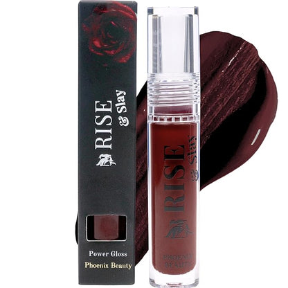Rise & Slay Power Gloss – High-Pigment Hydrating Gloss Lipstick with Hyaluronic Acid, Jojoba & Castor Oil, Vit-E, Non-Sticky Vibrant Shine, Dark Brown Goth Lips (Merlot, 4.5 ml)