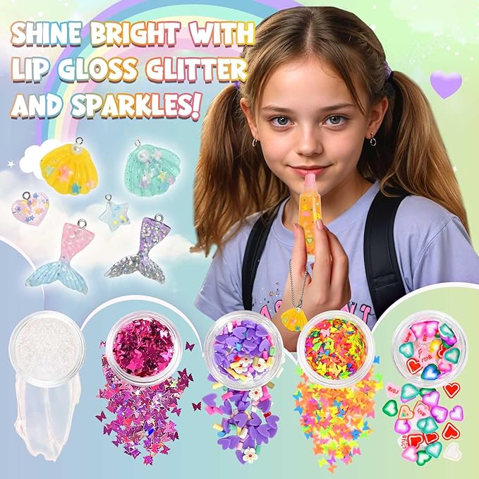 Jcoos Lip Gloss Making Kit - 73PCS Keychain DIY Lip Gloss, Shimmery Moisturizing Lip Glaze Handmade Set, Fun Craft Kit for Beginner, Women, Kids, Tween, Preteen, Teens Girl Gifts Trendy Stuff