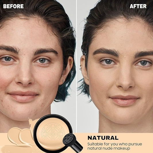 Mushroom Head Air Cushion CC Cream - Long-Lasting & Brightening BB Cream Foundation for Mature Skin, Waterproof & Moisturizing Full Coverage Self Adjusting Concealer for Even Skin Tone (Natural)