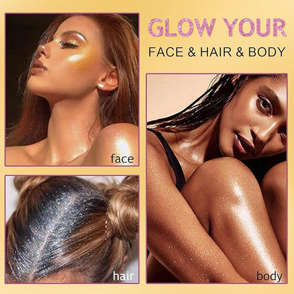 Glitter Powder Highlighter Makeup, Fairy Highlight Shimmer Body Glitter Brush Powder Brightens the Natural 3D Face Patting Powder Blusher for Brighten Face Body Lips Makeup Kit(06# Gold)