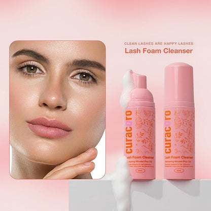 Curacoro 60ML Eyelash Extension Cleanser - Lash Shampoo for Lash Extensions, Eyelash Extension Foam Cleanser for Dry & Sensitive Skin, Gently Removes Waterproof Makeup for Professional & Home Use