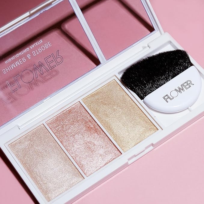 FLOWER Beauty By Drew Barrymore Shimmer + Strobe Highlighting Palette - Glowing Bronzer Powder Kit For Face + Blendable Coverage - Skintones + 3 Enhancing Colors (Strobe Brush) Included - Champagne Shimmer